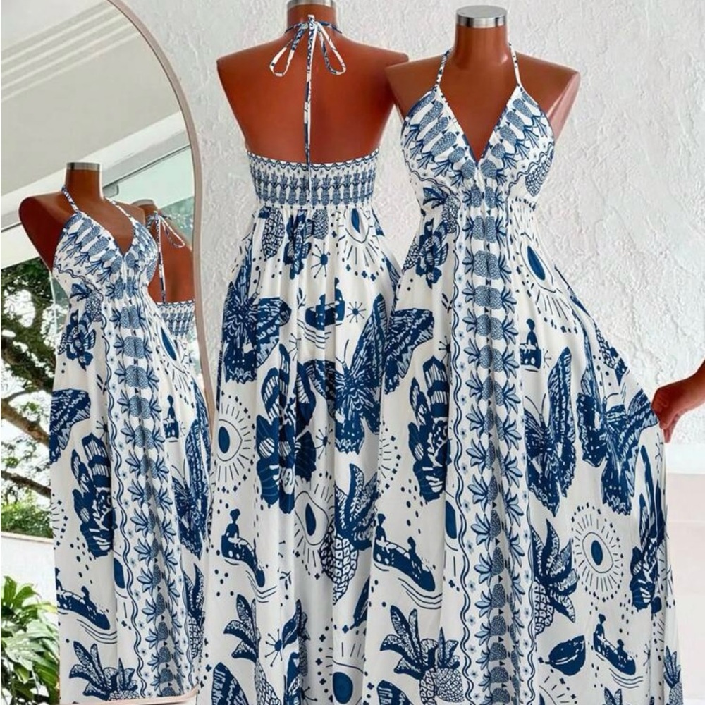 Blue and White Halter Maxi Dress